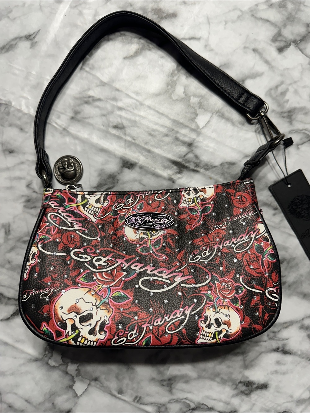 NWT Ed Hardy Black and Red Skull Rose Shoulder Bag Y2K Tattoo Print Purse